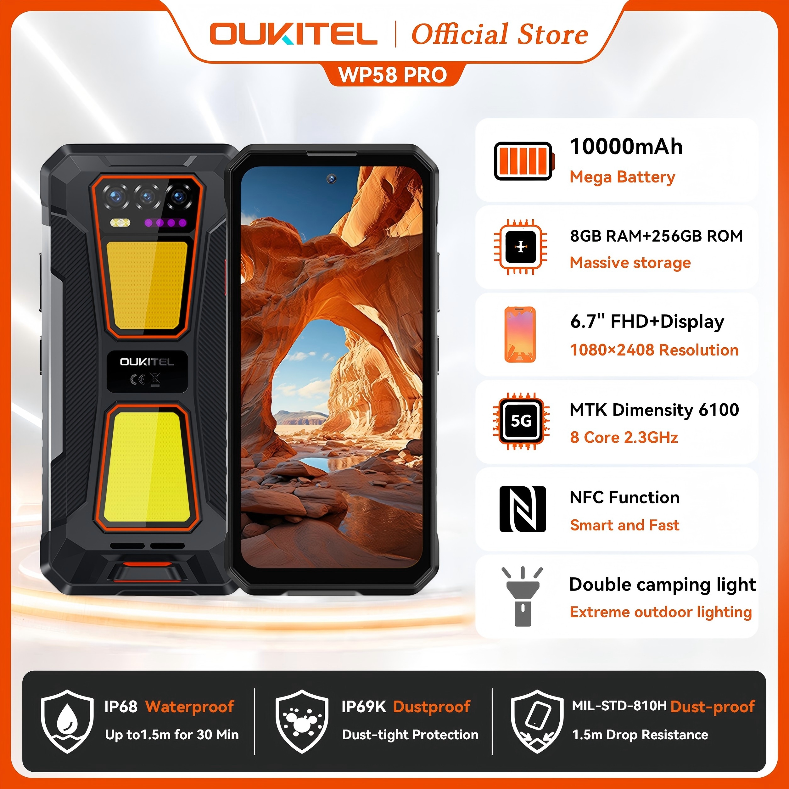 OUKITEL WP58 PRO 5G 頑丈な電話 24GB(8 16) RAM 512 ROM、6.7 インチ HD 10000mAh 33W Android 15 NFC 携帯電話、デュアルキャンプランプ付き