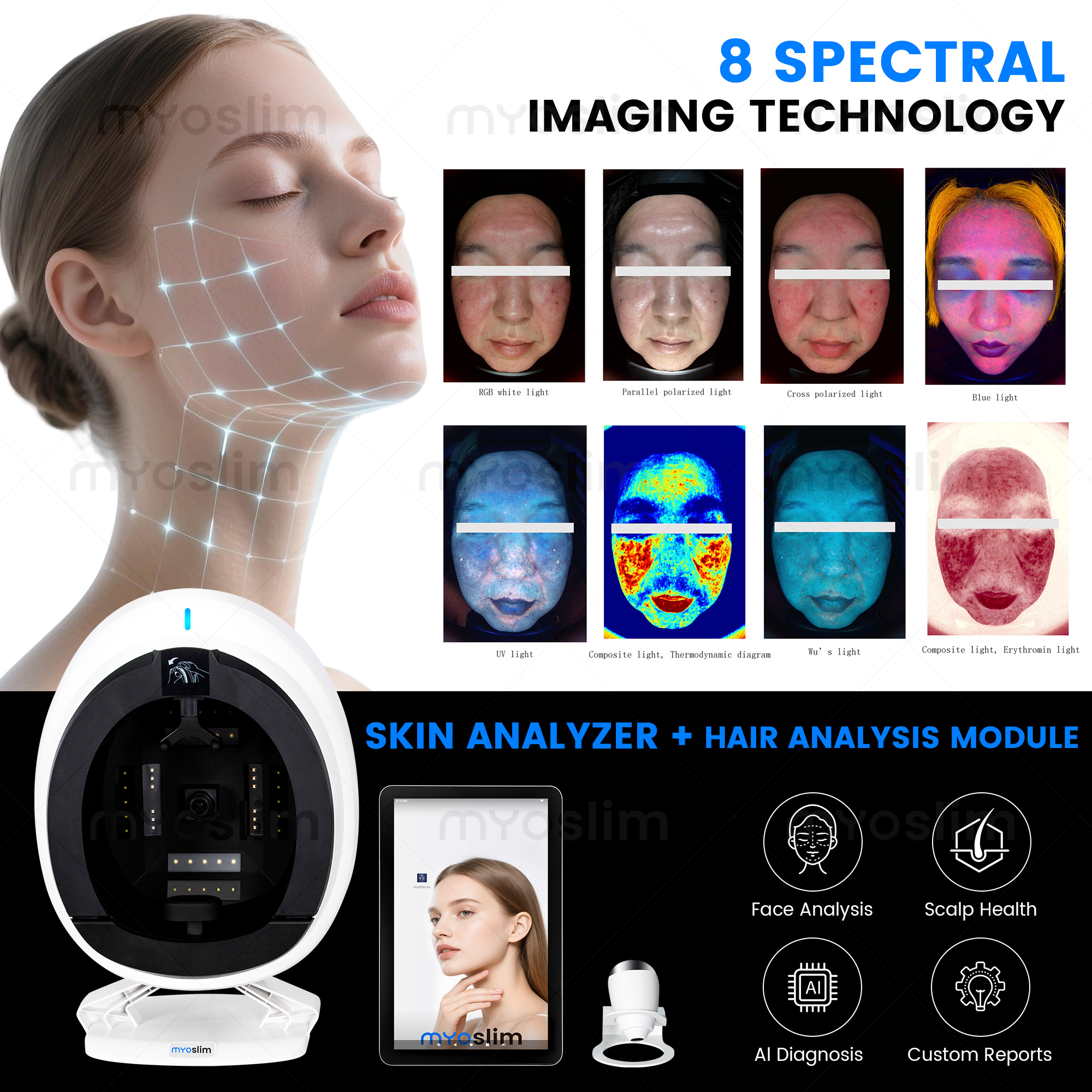 Q1 Pro インテリジェント 3D マジックスキンアナライザーミラー UV 木製ランプ顔の皮膚検出スキャナー美容肌分析用