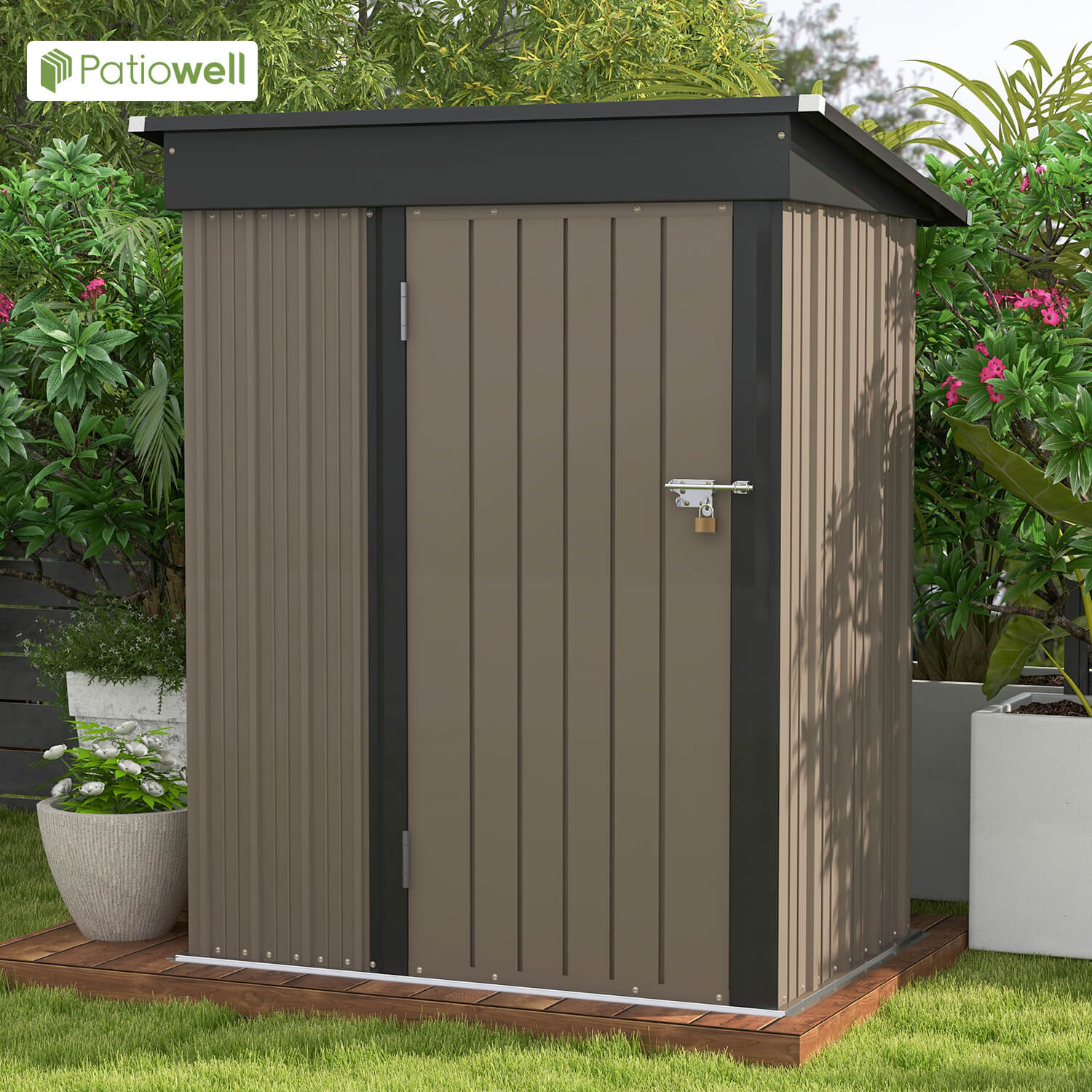 Patiowell 5x3フィートの屋外収納小屋、傾斜屋根とロック可能なドア付きの工具小屋、裏庭の庭のパティオの芝生用の金属製の小屋
