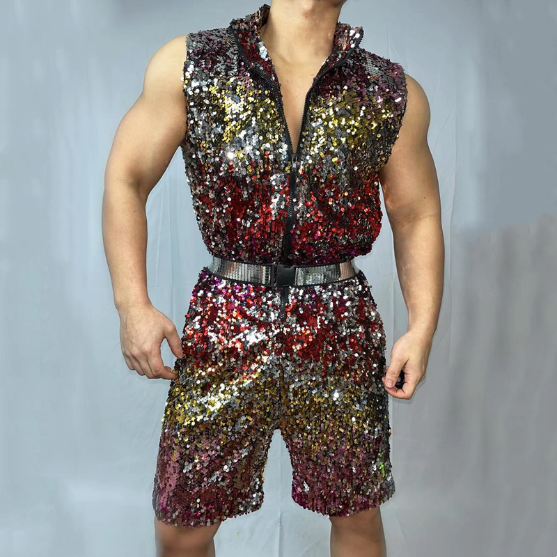 男性ヒップホップパフォーマンス服歌手チームストリートダンス衣装カラフルなスパンコールノースリーブジャンプスーツナイトクラブ光沢のあるステージ摩耗