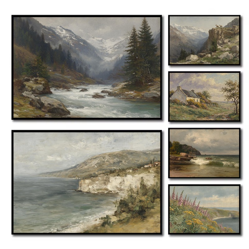 ヴィンテージヨーロッパの風景海岸の崖アルパインバレームーディーな風景ポスターキャンバス絵画壁アート写真家の装飾