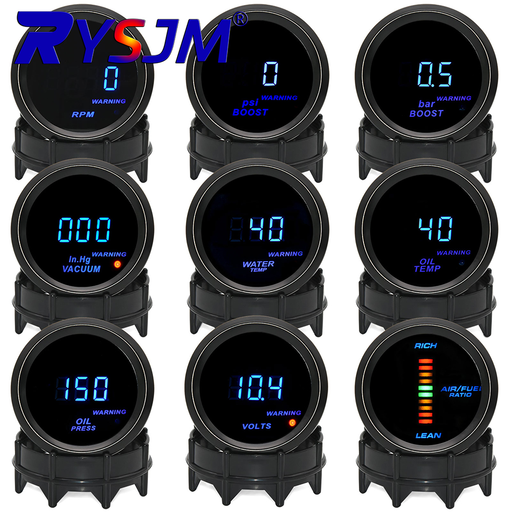 52 ミリメートルユニバーサル車デジタルゲージタコメーター RPM 水油温油圧ゲージターボブーストゲージ電圧計ブルーバックライト付き