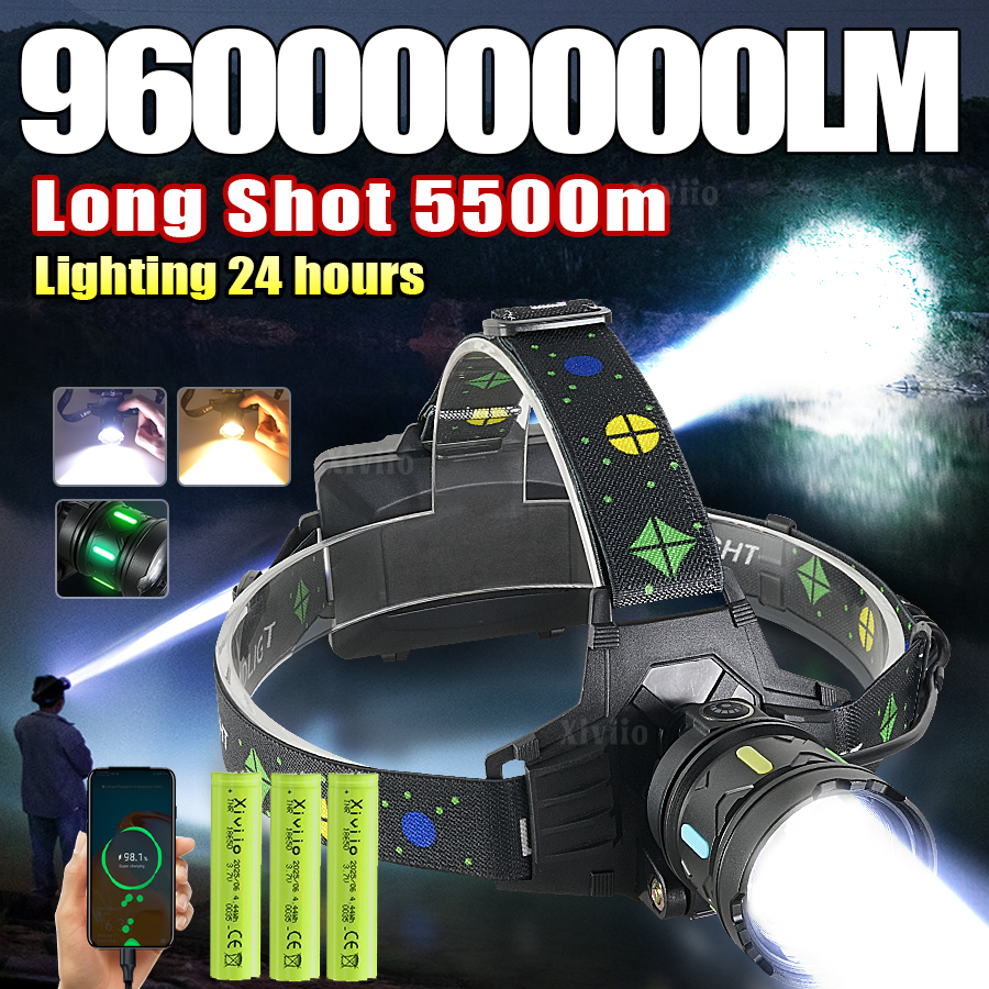 960000000LM 超強力 LED ヘッドランプ超高輝度長距離 5500 メートルヘッド懐中電灯充電式ヘッドランタン釣り狩猟