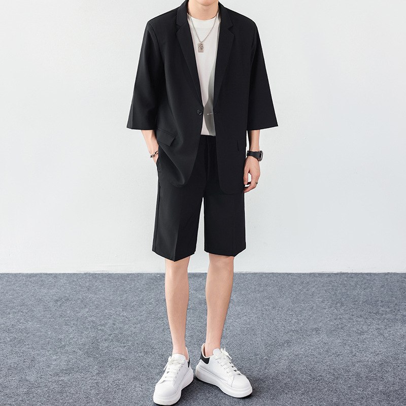 KIDWHXR 夏の男の服薄型シングルブレスト半袖ブレザー男性ストレートレッグショーツ男性ルーズカジュアル 2 点セット