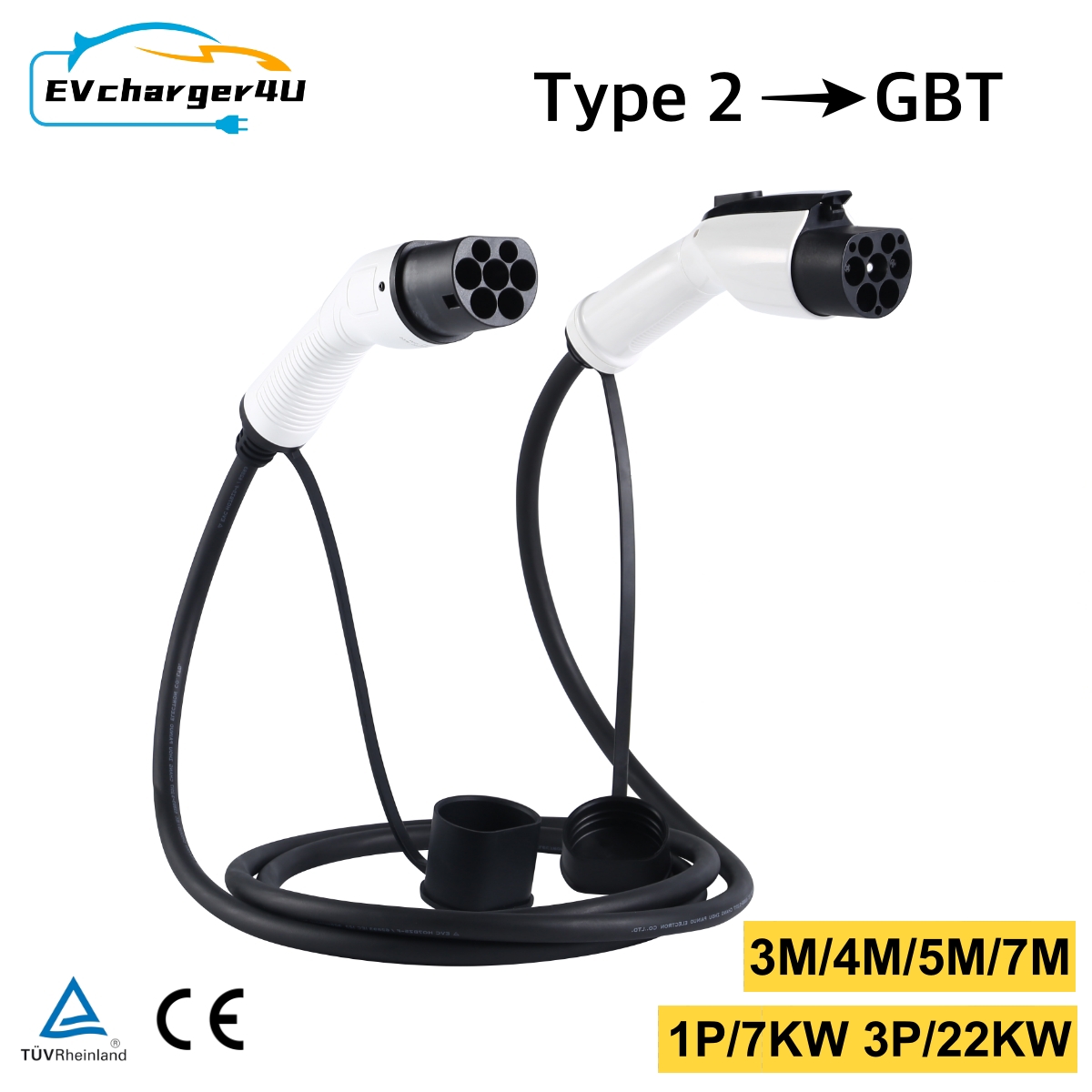 EVcharger4U Type2 - GBT EV 充電ケーブル 3M/5M/7M 1 相/3 相 32A 7KW/22KW タイプ 2 GB/T 公共ソケット EVSE 充電器用