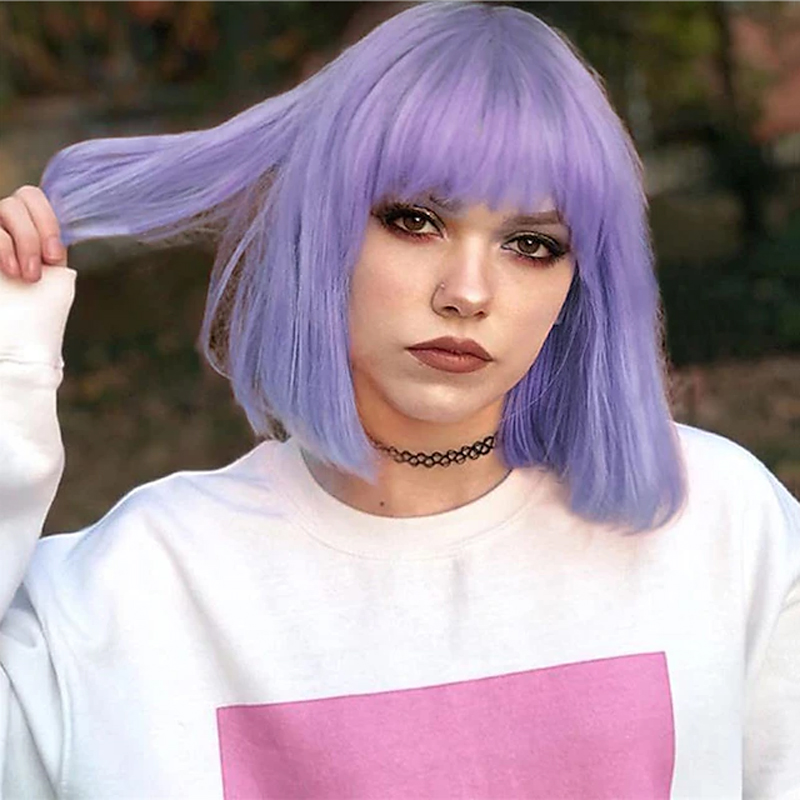 HAIRJOY パープルボブウィッグストレート前髪ショートボブウィッグ人工毛ウィッグ女性のためのコスプレウィッグハロウィンウィッグ