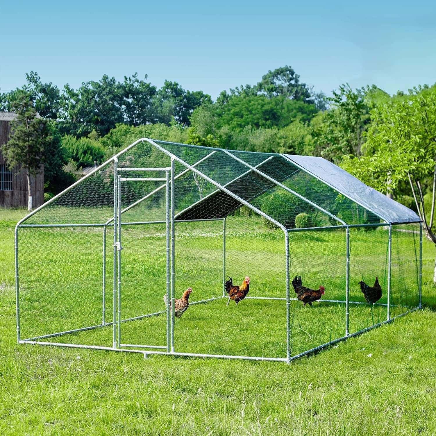 大型金属鶏小屋 ラン付き 19.19 x 9.84 x 6.56フィート ウォークイン家禽ケージチキンランペン、屋外チキンラン、カスタム