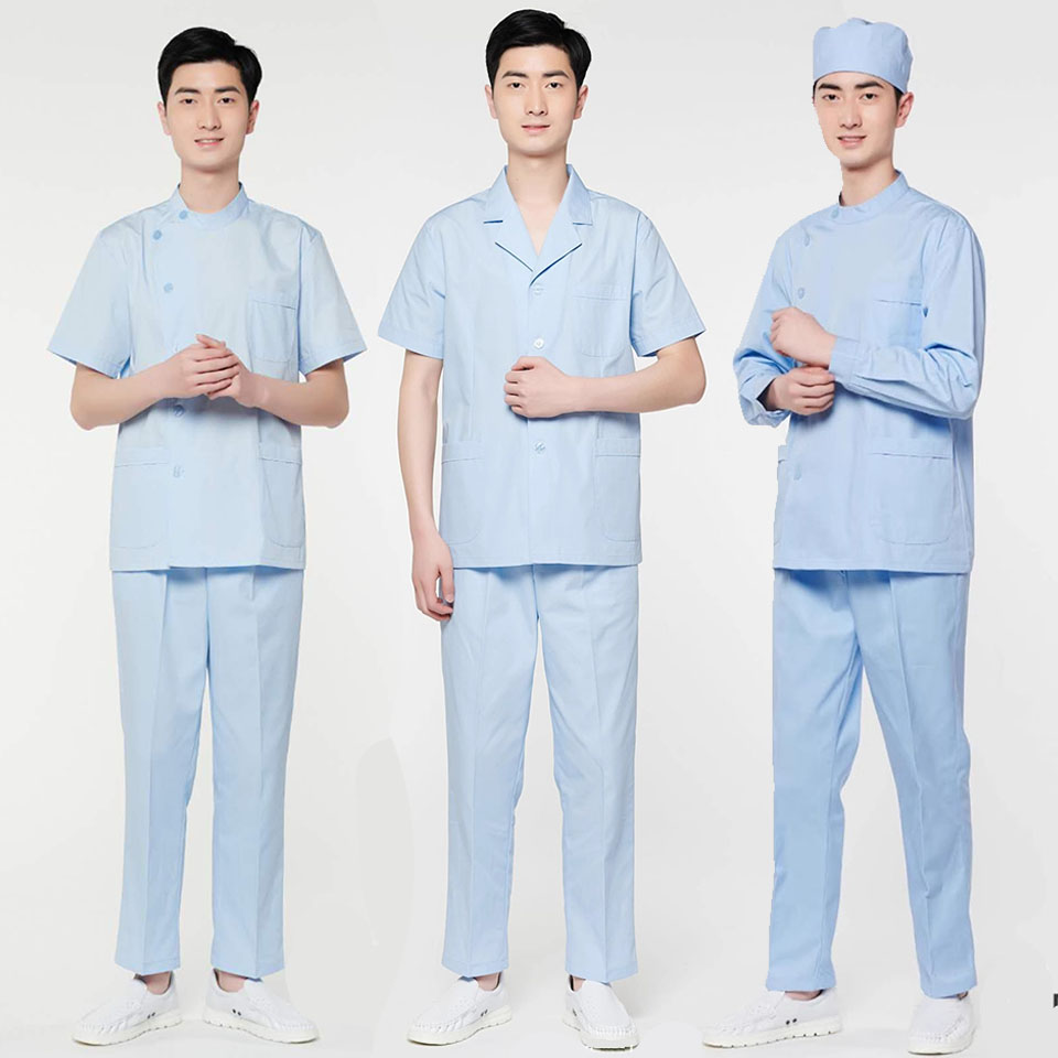 ホワイトブルー医療スクラブセットナース制服男性用ショート長袖ナースジャケットとパンツスーツドクター歯科医作業服