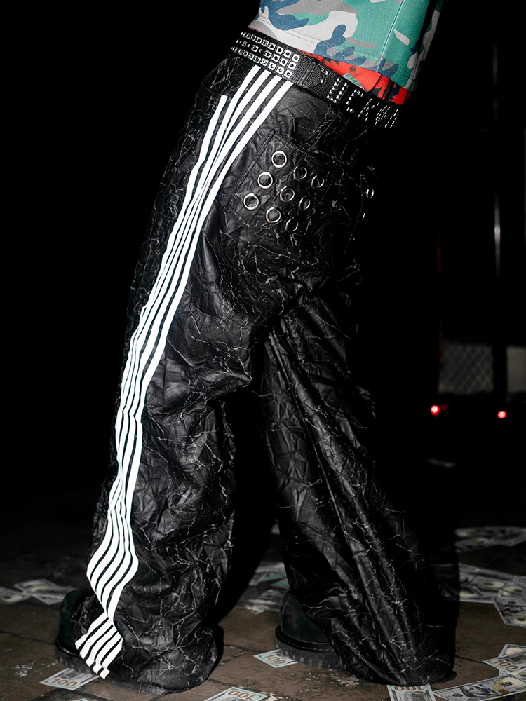 Mauroicardi Spring Autumn Long Black Pu Leather Wide Leg Pants for Mens with Side Stripes Hollow Out Luxury Emo Streetwear 2025