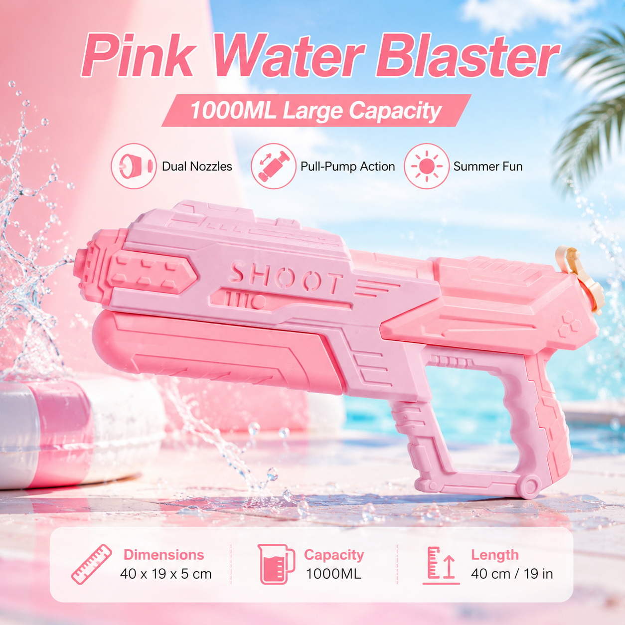 1000 ミリリットルピンク水鉄砲デュアルノズルポンプアクションウォーターブラスター夏のプールビーチ屋外パーティーおもちゃ