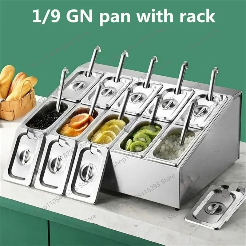 1/9 GN パン ラック付き ステンレス製調味料キャニスター トレイ 洗面器 ポット ミルクティーショップ ジャムボックス 分割スパイスキャニスターセット キッチン