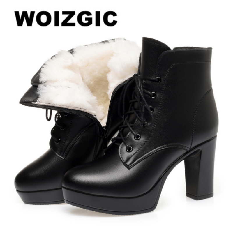 WOIZGIC Laides 女性の女性の本革アンクルブーツ冬秋毛皮ぬいぐるみウール暖かいハイヒールオートバイ