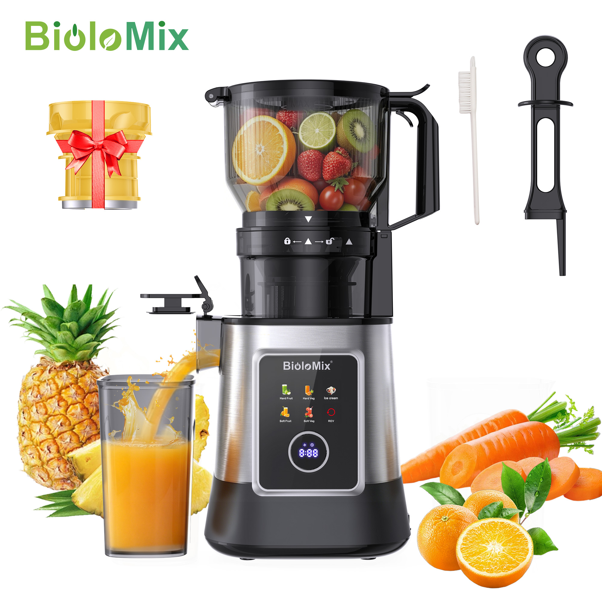 BioloMix 3-in-1 マルチ電気フルーツスロージューサー、150MM フィードシュートジュース抽出器、300W 強力モーターデジタルディスプレイ付き