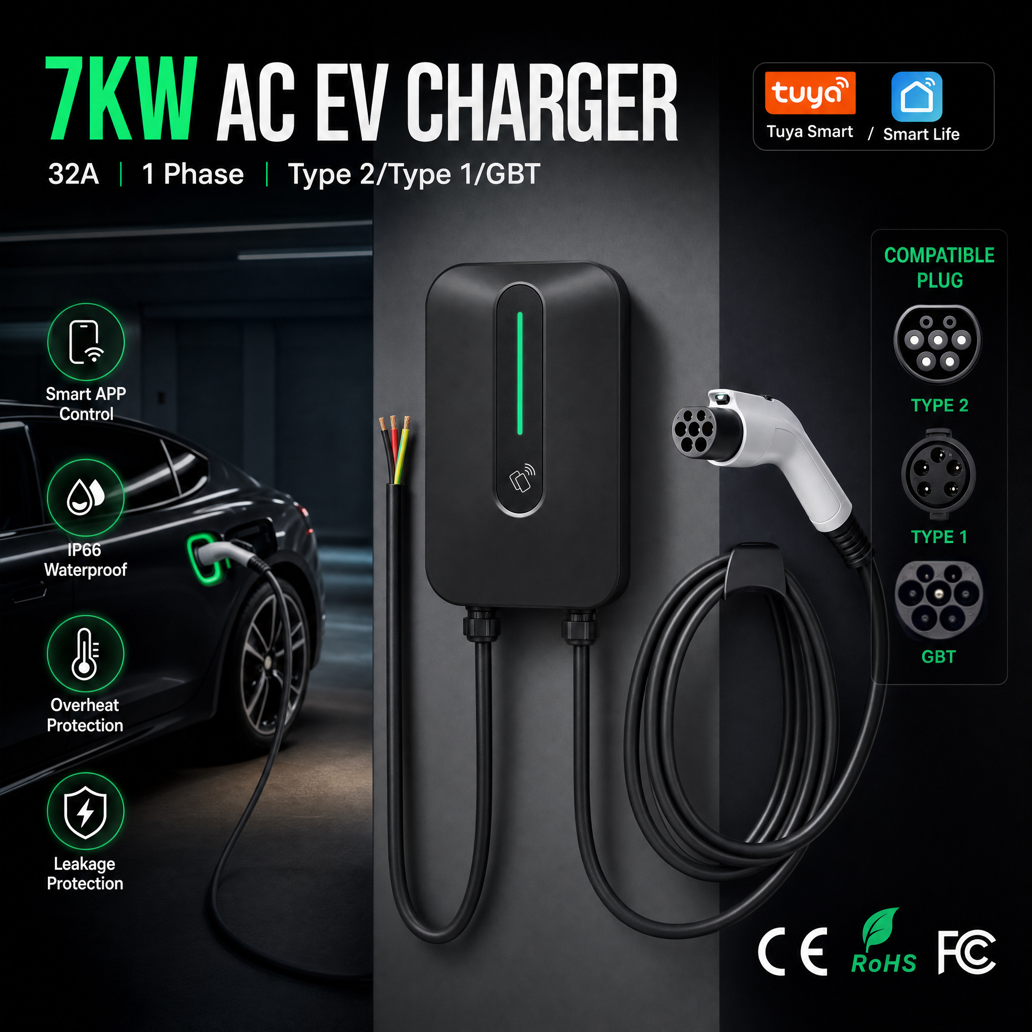 Tuya Smart 7.6kW Type2 GBT TYPE1 j1772 EV 充電器、32A 電気自動車ウォールボックス、アプリ制御充電ステーション EU 標準