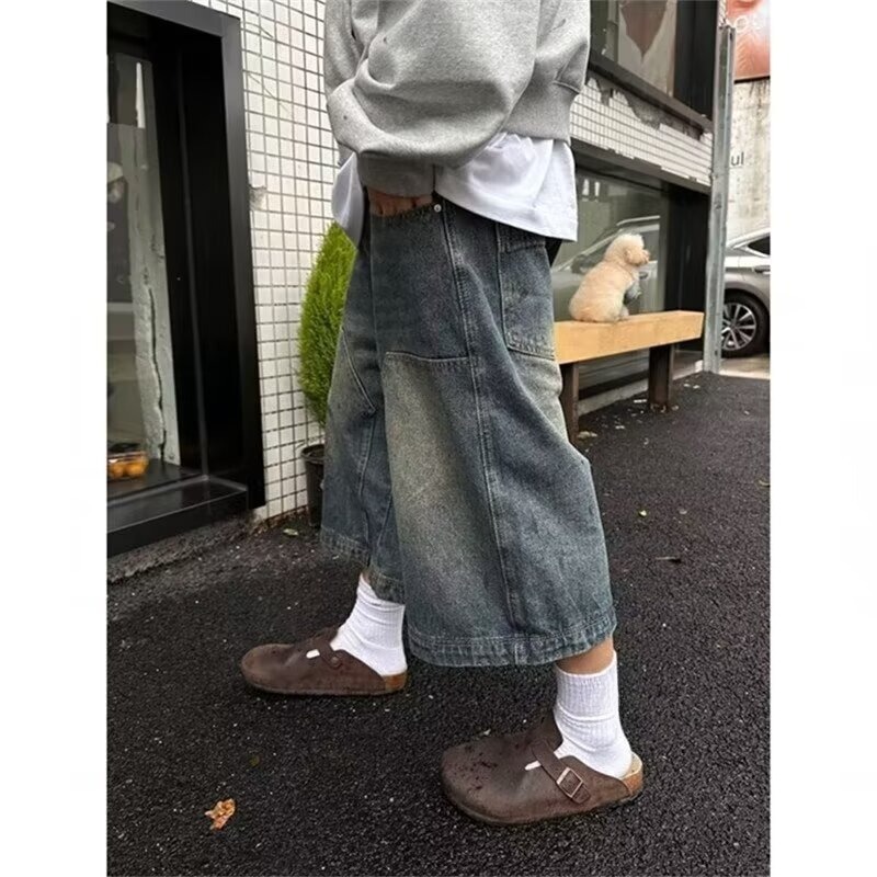 レトロウォッシュハイストリートデニム学生ショーツ男性と女性のストレートワイドレッグオールドカジュアル万能クロップドパンツ潮