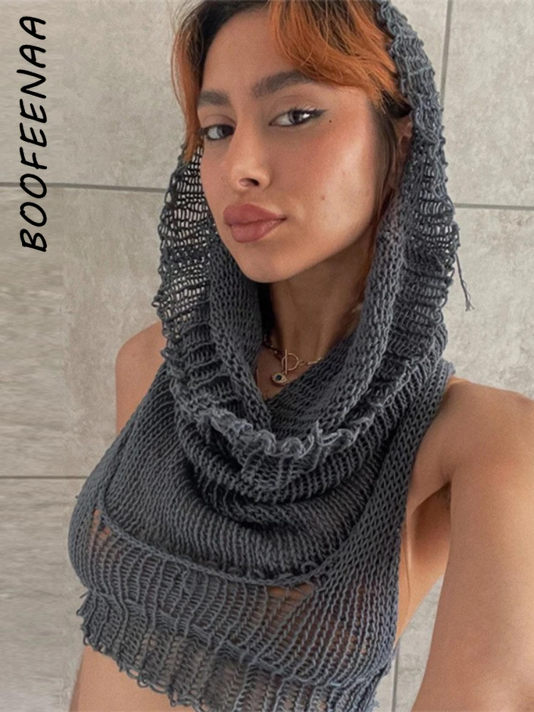 BOOFEENAA フード付きノースリーブニットセーターベストストリートファッションセクシーな Y2k クロップトップ秋服女性 2023 C71-CE17