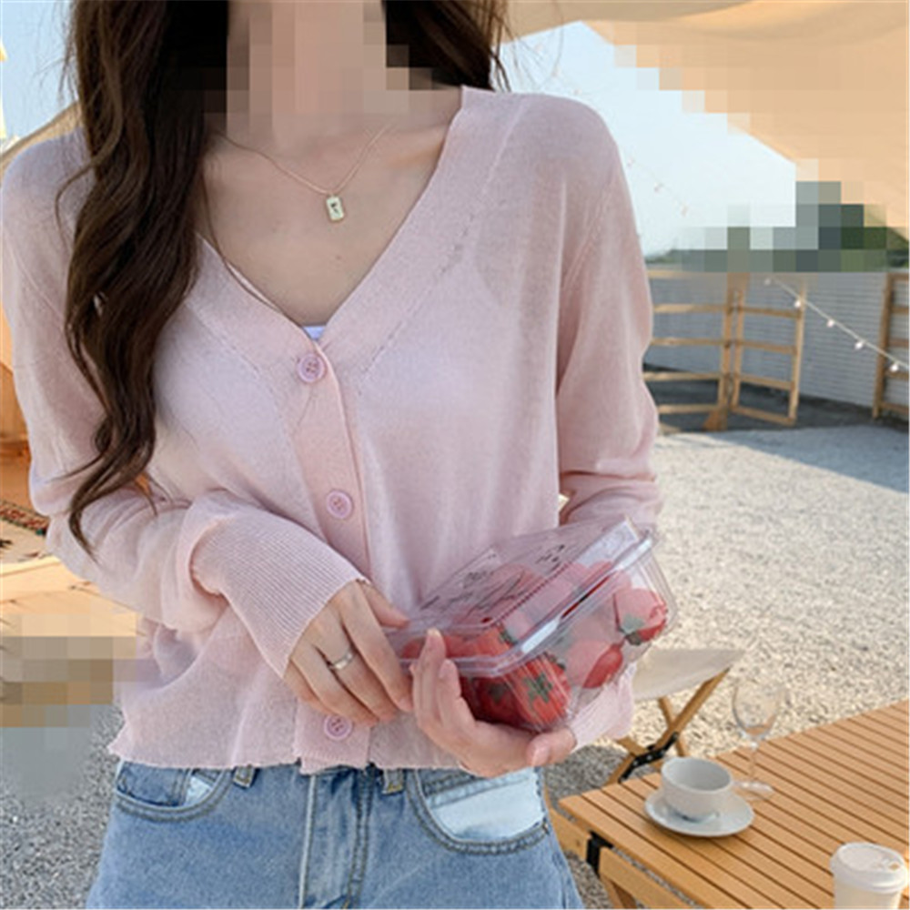 韓国カーディガン女性薄い夏カジュアル固体 Feminino 日焼け止めオールマッチニット V ネック甘いスタイルキャンディーカラーベーシックデイリー