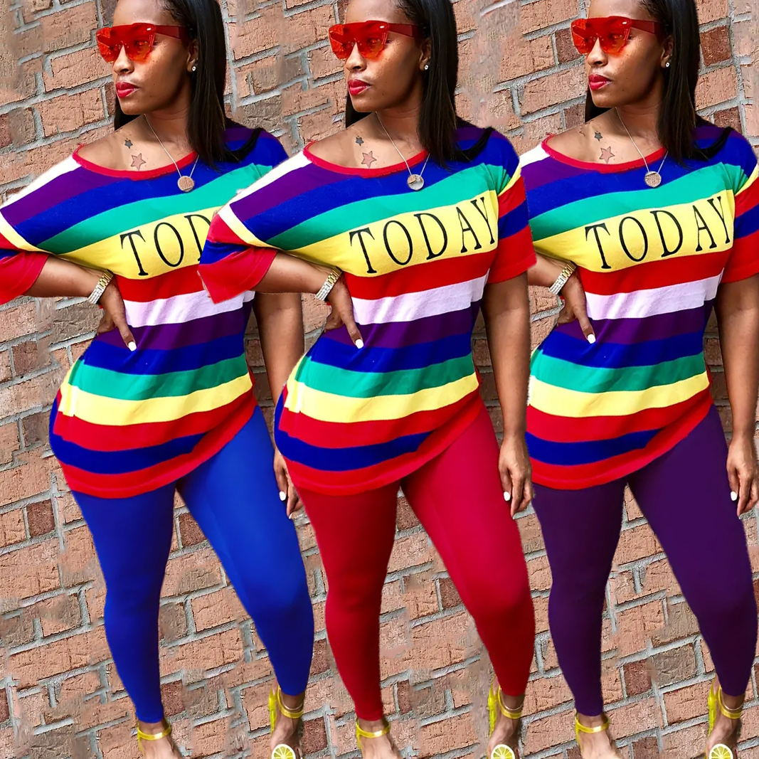 Autumn Fashion Sporting Women set Rainbow Striped Letter Print T-shirt Skinny Pencil Pants Suit Two Piece Set Elegant Tracksuit