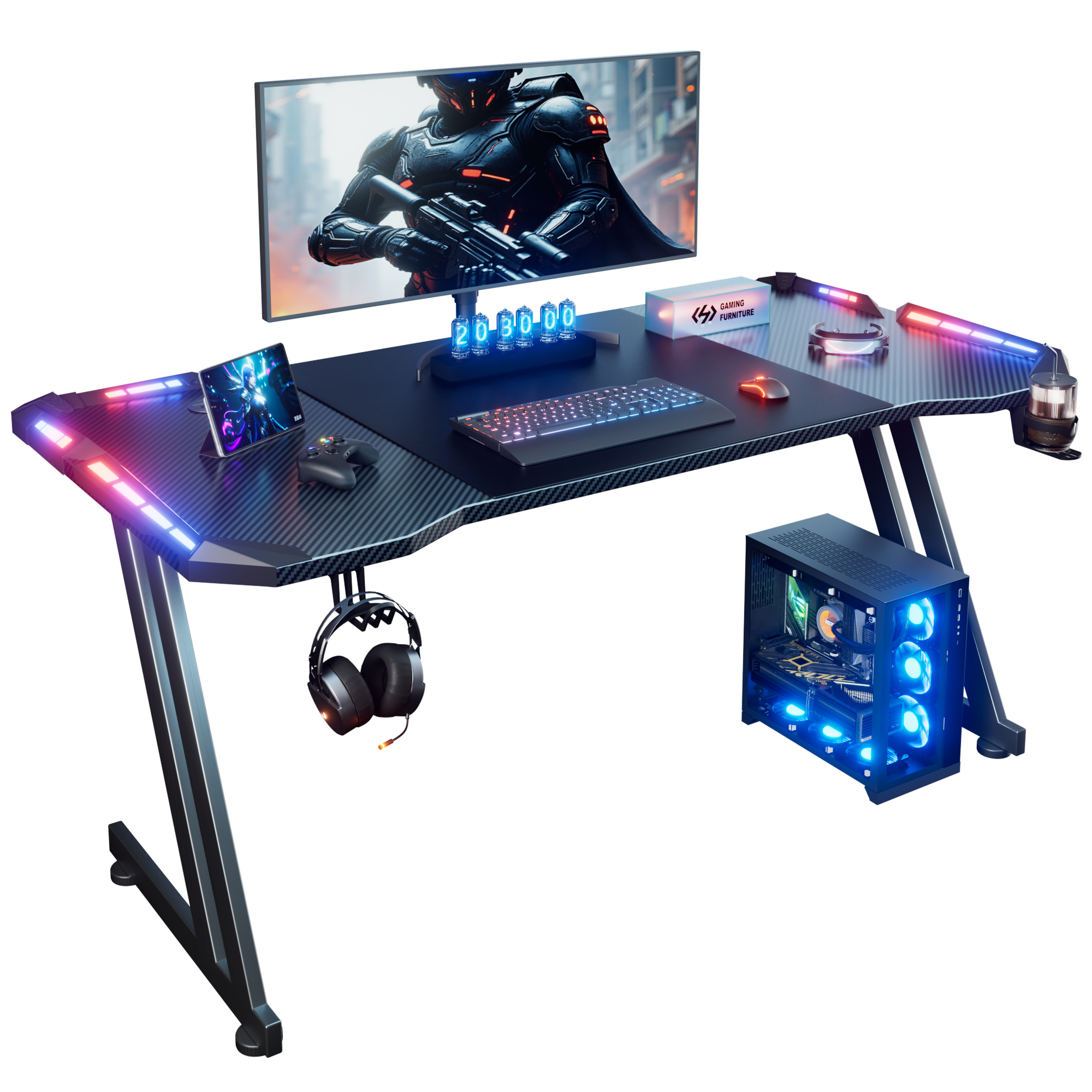 LEDライト付き120/140/160cmゲーミングデスク、カップホルダー付きZ型ゲーミングテーブル