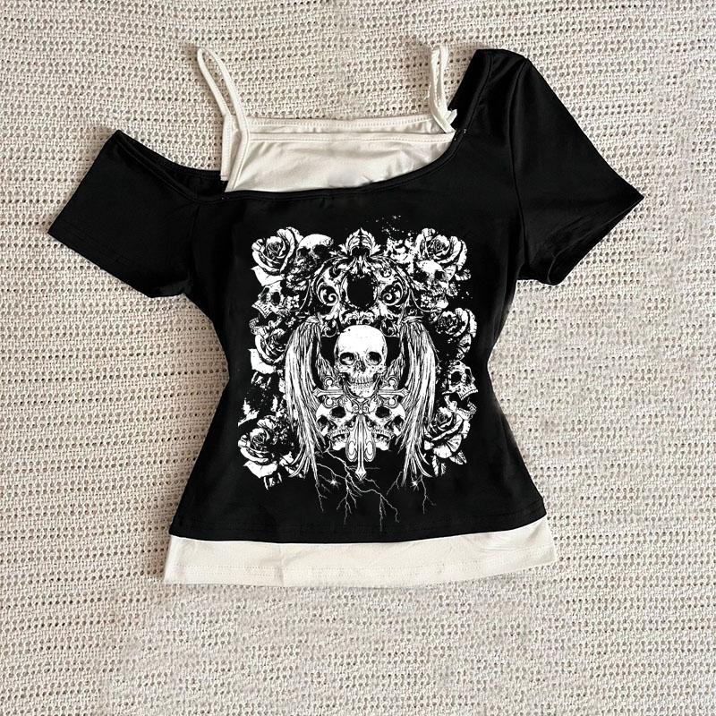レトロゴシック偽ツーピースプリント Tシャツ女性夏 Y2K ストリートホットガールスリムオフショルダーミレニアム原宿カジュアル