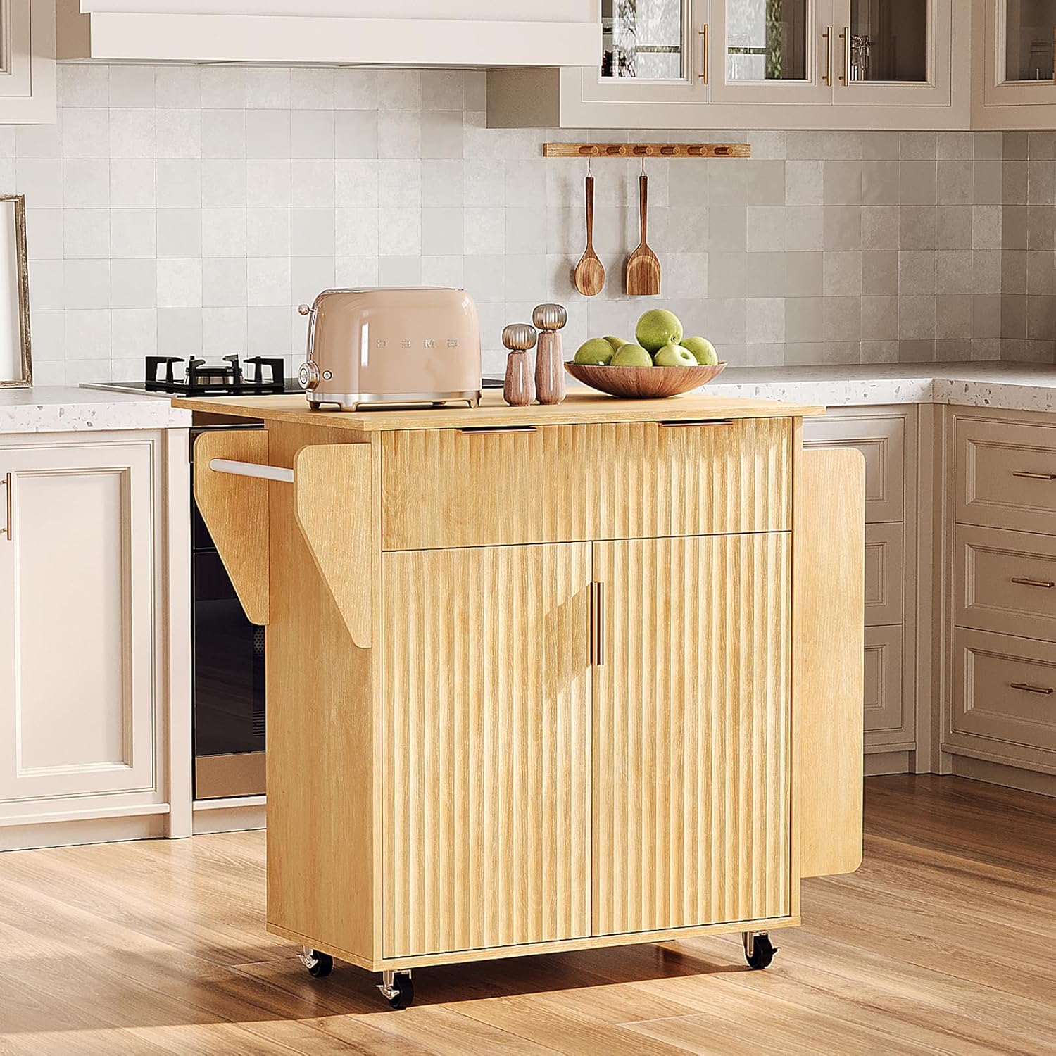 #Rolling Kitchen Island Cart with Foldable Drop Leaf, Drawer & Cabinet, Portable Meal Prep Storage, Oak, Customized