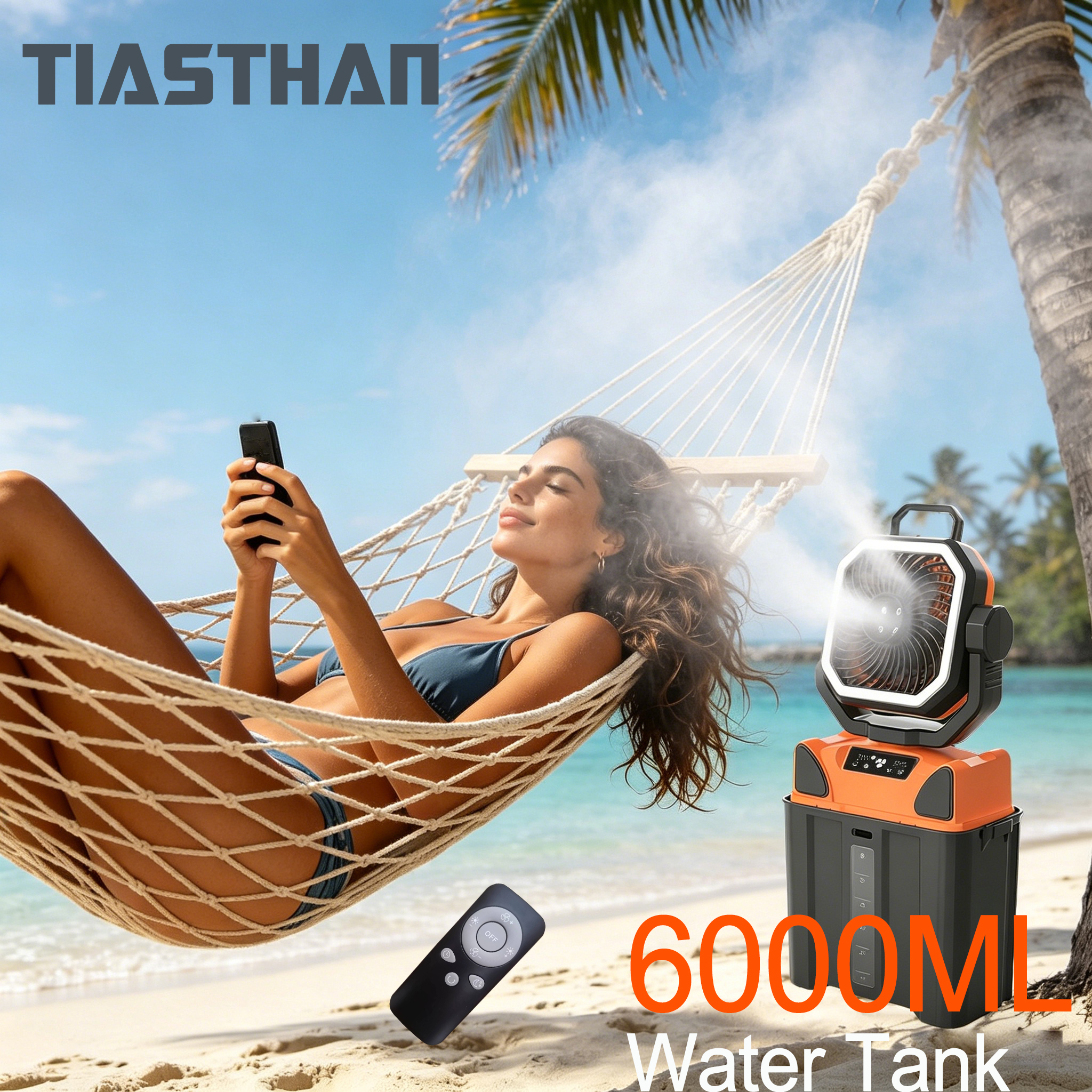 30000mAh ポータブルキャンプファン 4 ノズルウォータースプレー付き、6H フルモードランタイム – 屋外 6L 水タンクスプレー電動キャンプファン