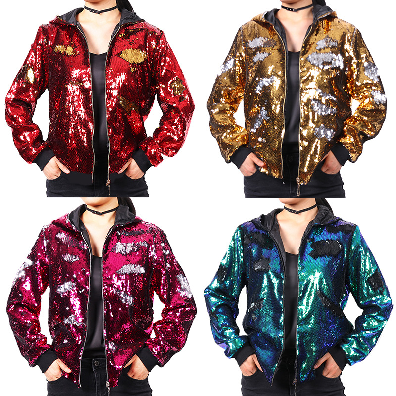 2025 New Europe and USA Party Flip Color Sequined Jackets for Women, Fashion Casual Shiny Loose Concert Hooded Baseball Jackets