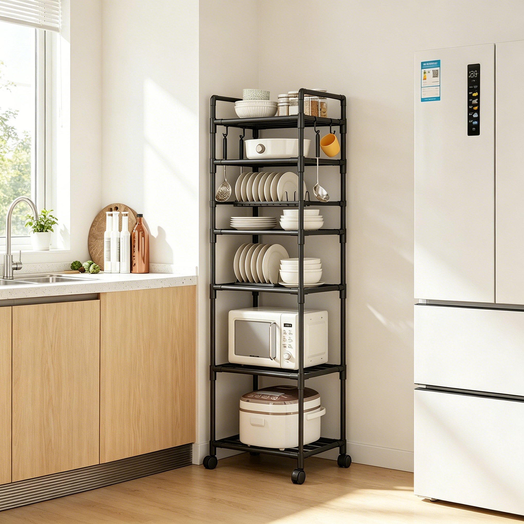 メタルキッチン収納カート、6段ローリングフック付き、調理器具、電化製品、食料品用モバイル多目的オーガナイザー、キッチン、パントリー、ダイニングルーム用の省スペースラック
