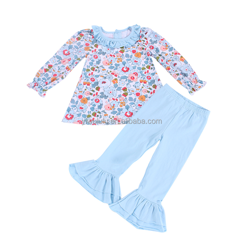 長袖ツーピース子供女の子フリル服セット女の子花柄秋用衣装
