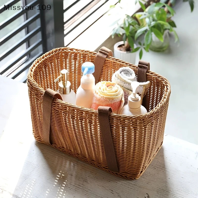 手編みの籐風ピクニックバスケット ハンドル付き - 果物、野菜、ショッピング用の大きな収納バスケット