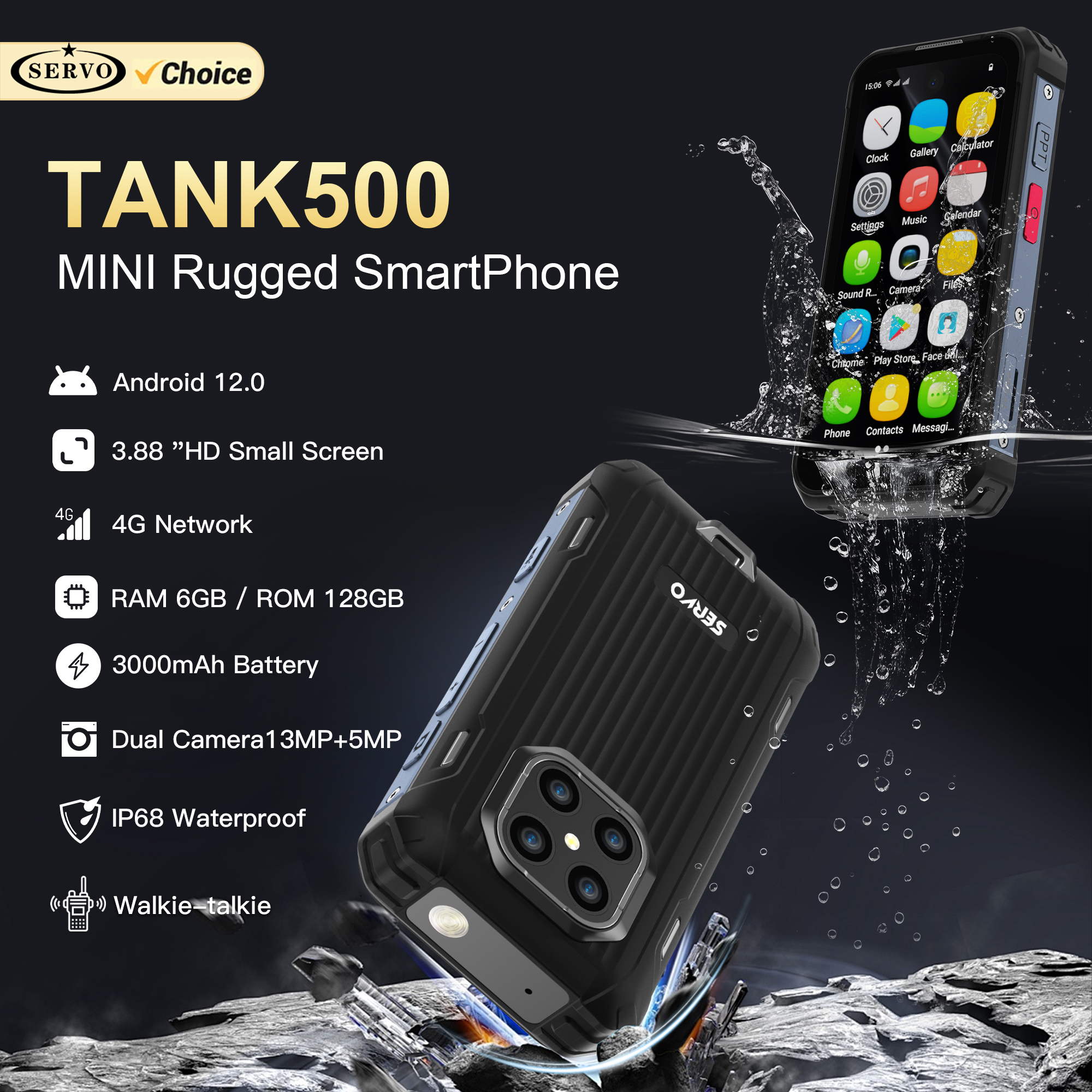 サーボタンク500 IP68防水ミニスマートフォン4G LTE Android 12 RAM 6GB ROM 128GB PTTネットワークインターホン小型頑丈なスマートフォン