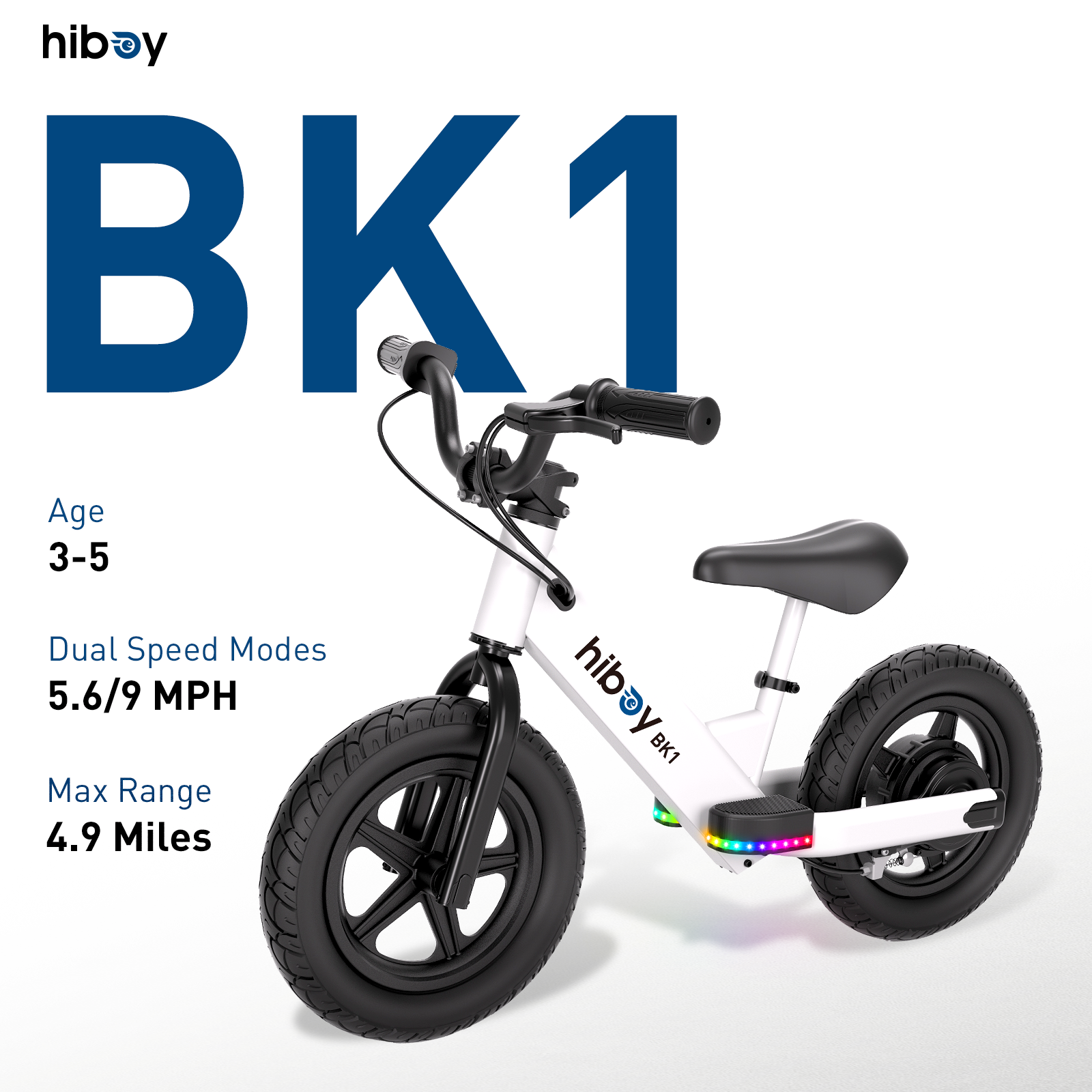 Hiboy BK1 子供用電動バランスバイク、12 インチタイヤ、時速 5.6/9 マイル、調節可能なシート、最大 4.9 マイル、3 ～ 5 歳の子供用電動自転車