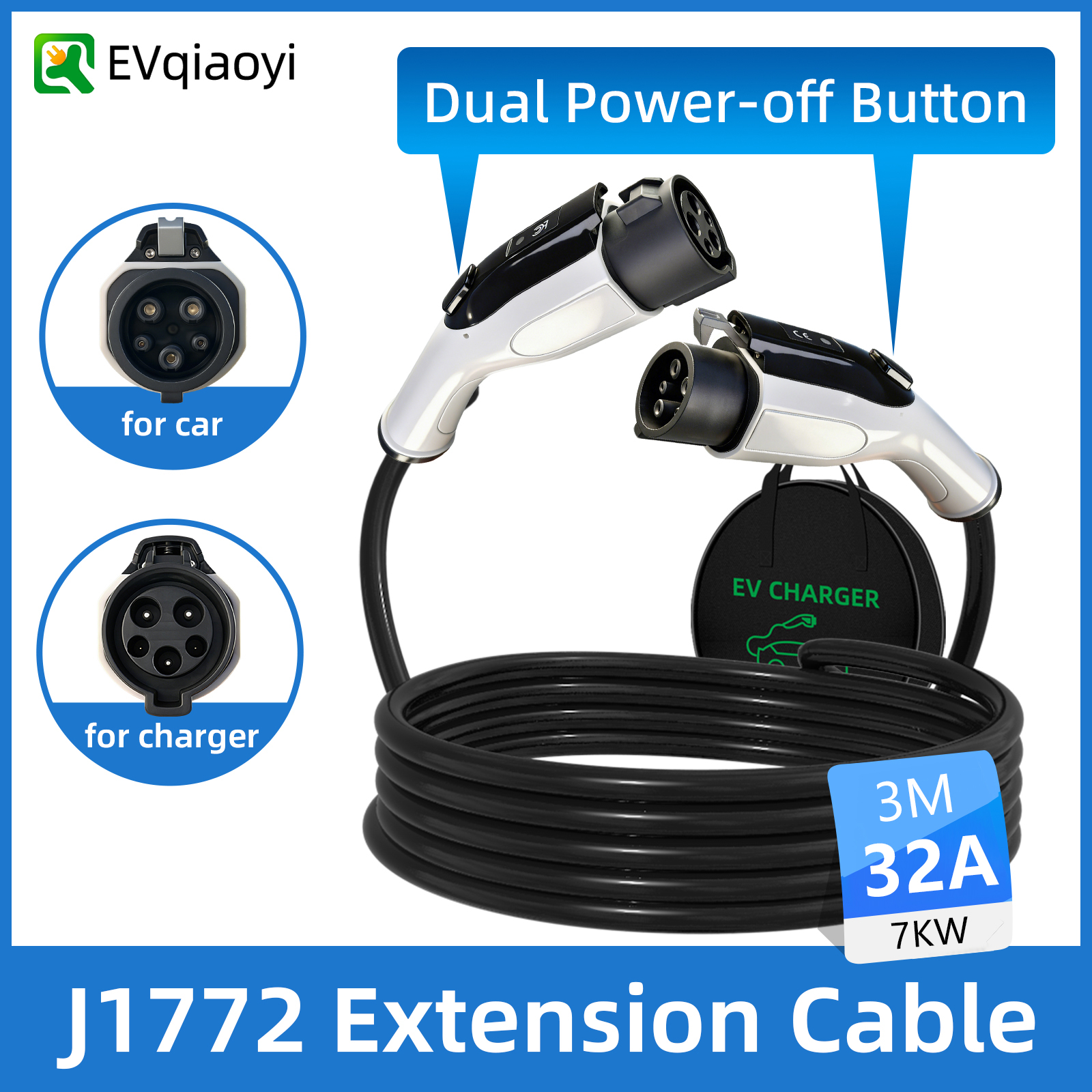 EVqiaoyi 32A 3M J1772 Extension Cable J1772 Female Plug to Type1 Male Plug Portable Charging Cord for J1772 Electric Vehicles