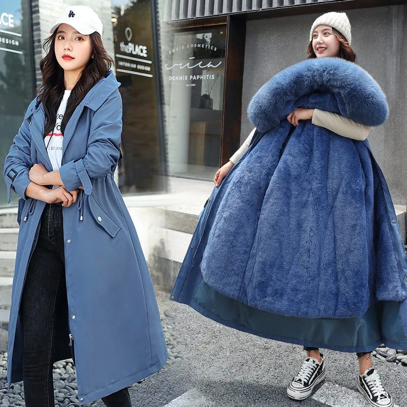 女性の冬のジャケットフード付き X ロング厚いフェイクファーパッド入りパーカー取り外し可能なプラスサイズのコートウインドブレーカー女性黒赤アウター