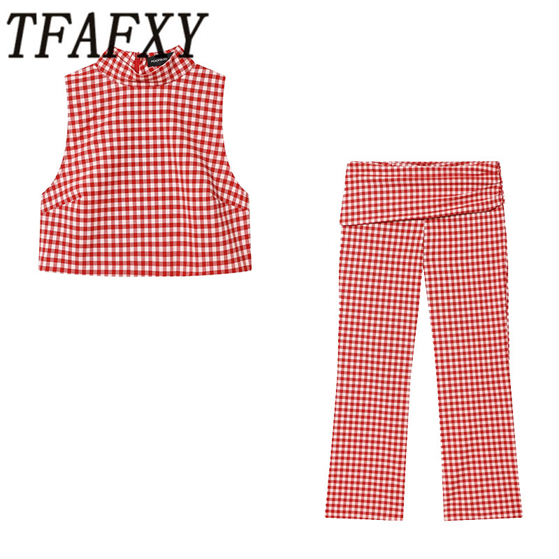 TFAFXY 2026 夏チェックプリント女性セットノースリーブ O ネックスリムベストストレート長パンツファッションカジュアルスーツ Y2K