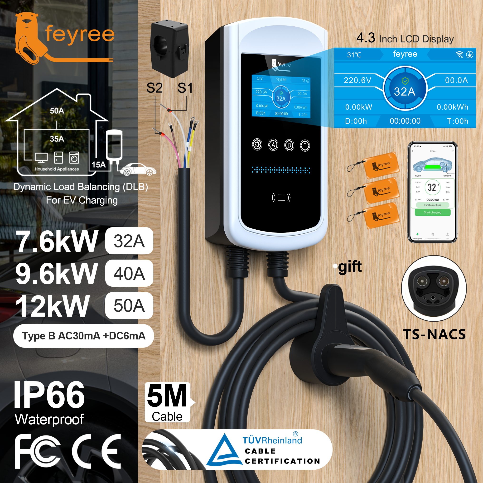 Feyree ダイナミックロードバランシング EV 充電ステーション 32A 7kW TS-NACS 充電器プラグ車の充電器 EVSE ウォールボックス 9.6kW 12kW APP 制御