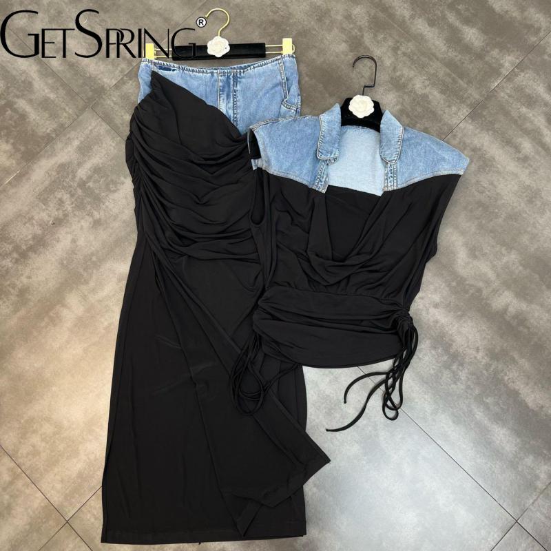 Gestring 女性ドレスセットディープ V ネックノースリーブ巾着デニムステッチベストハイウエストスプリットロングスカート 2 点セット