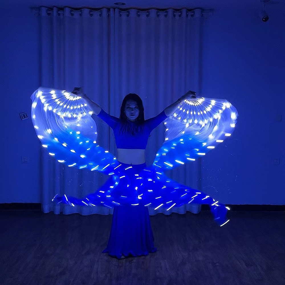 ベリーダンスアクセサリー シルクベールファン 長さ180cm 青と白のLEDライト付き 練習とステージパフォーマンスダンス衣装