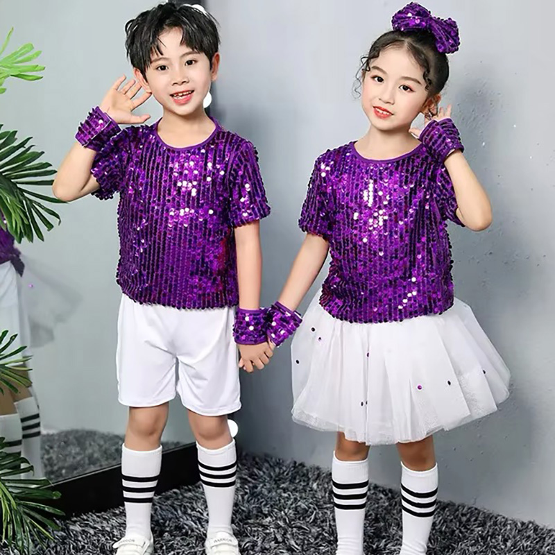 キッズストリートダンスウェアスパンコールパープルヒップホップジャズ衣装幼稚園男の子女の子ステージパフォーマンススーツフェスティバル服