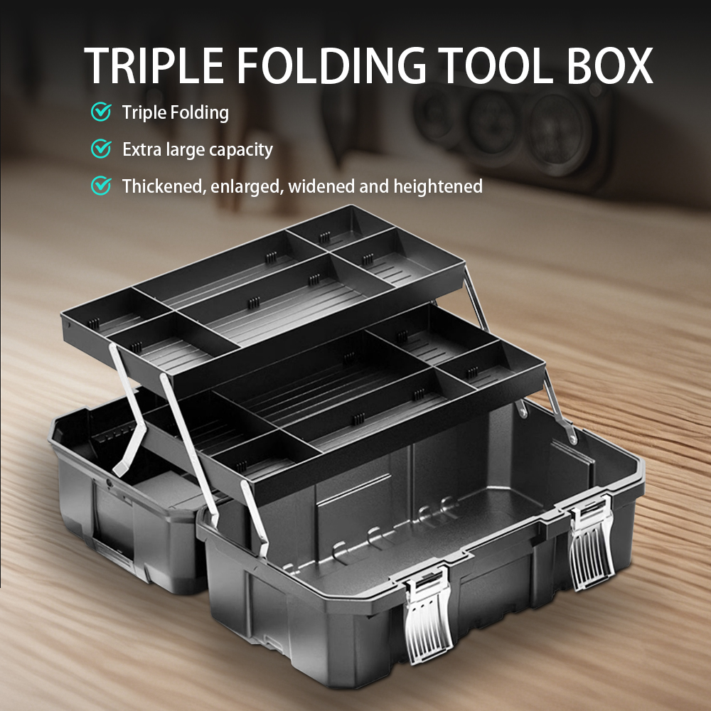 3-Tier Foldable Tool Box - Extra Large Capacity Thickened Plastic Tool Chest for DIY, Workshop & Home Repair Storage