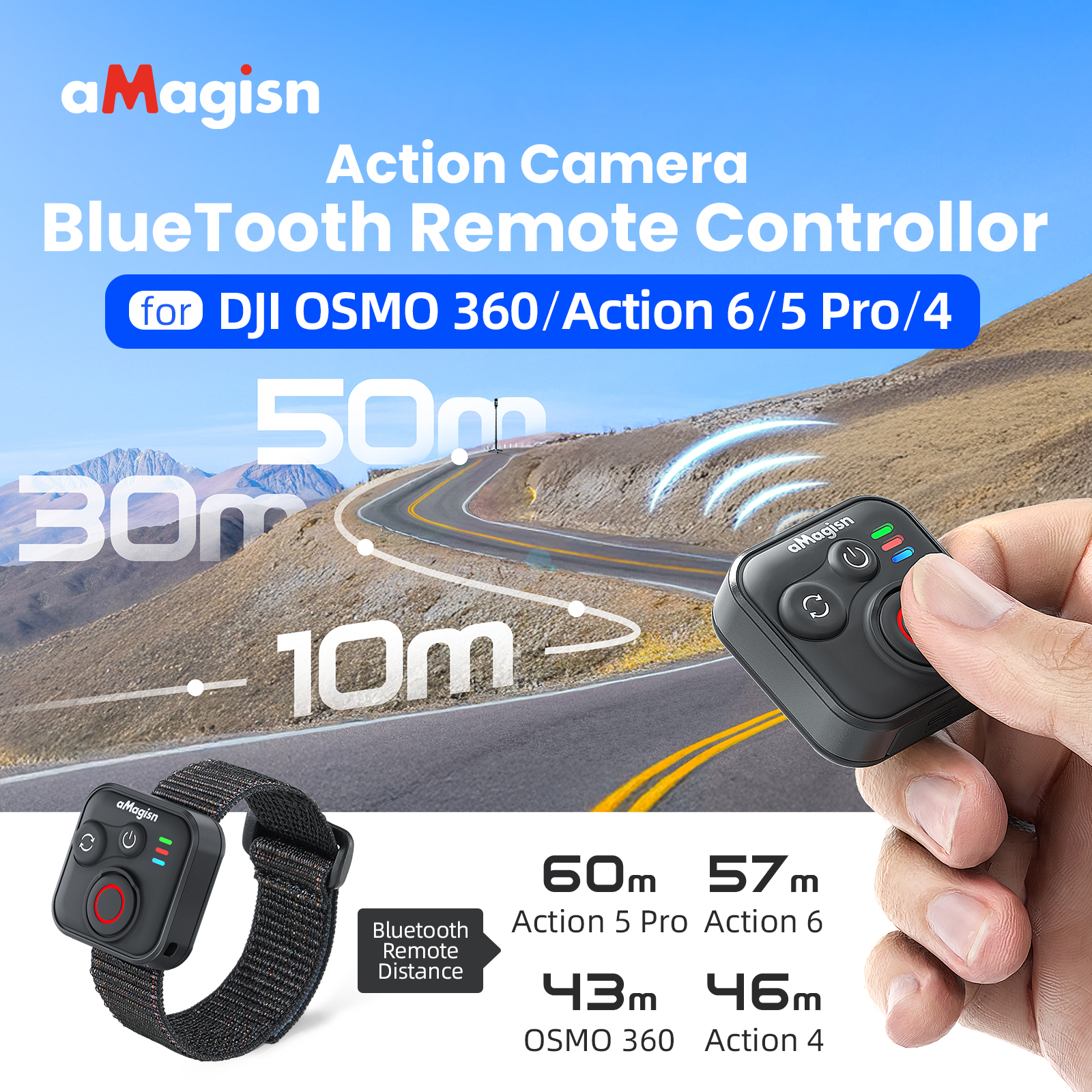 aMagisn 50M Bluetooth リモートコントロールカメラシャッターコントローラー DJI OSMO 360 / アクション 6 / 5 プロ / 4 カメラアクセサリー用