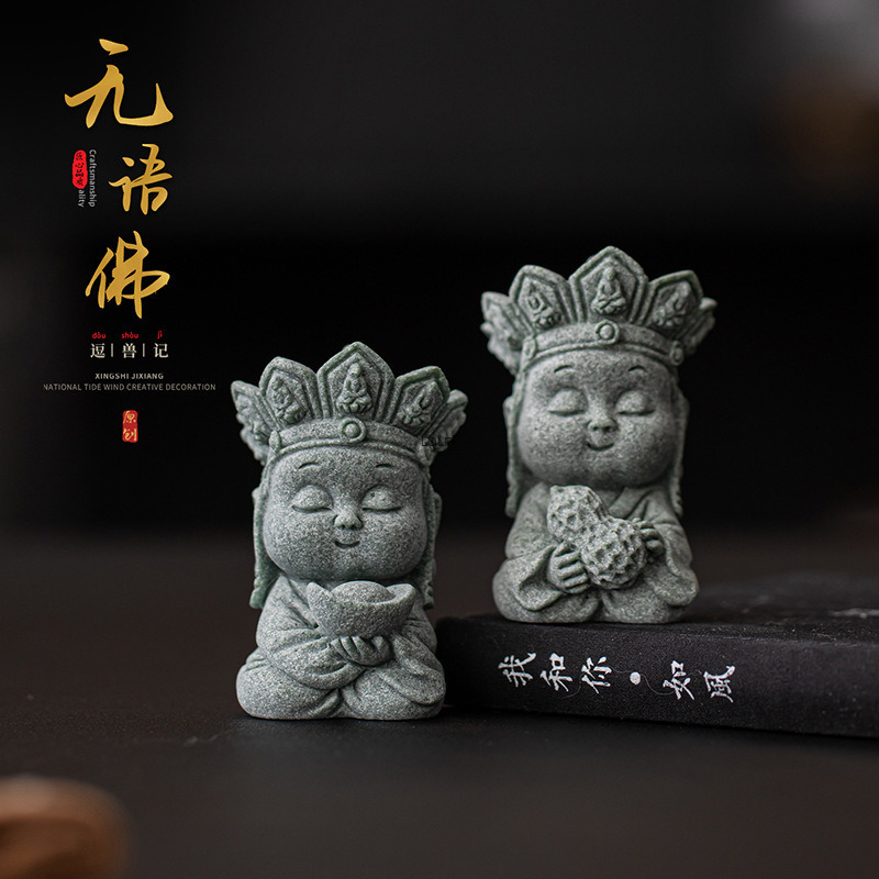 緑砂岩サイレント仏茶ペット飾りデスクトップ装飾中国禅スタイル室内装飾手作り茶セット
