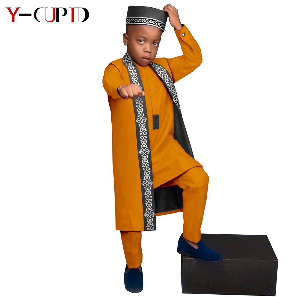 アフリカの服子供のためのバザンリッシュ男の子衣装 Tシャツパンツロングベストキャップ Dashiki 帽子アフリカ子供服 Y214003