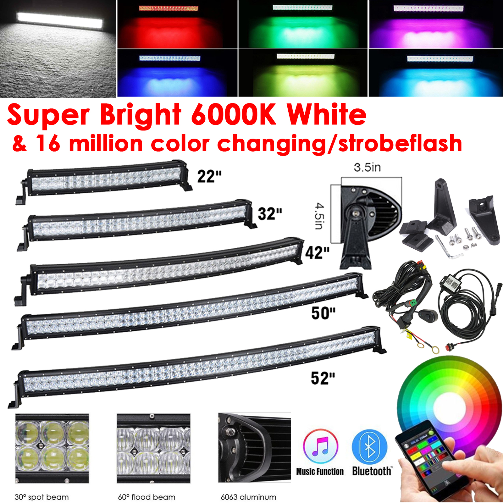 RGB LED ライトバー ワークライト スポット フラッド コンボ フォグ駆動 1600 万色変化 ストロボフラッシュ 12V
