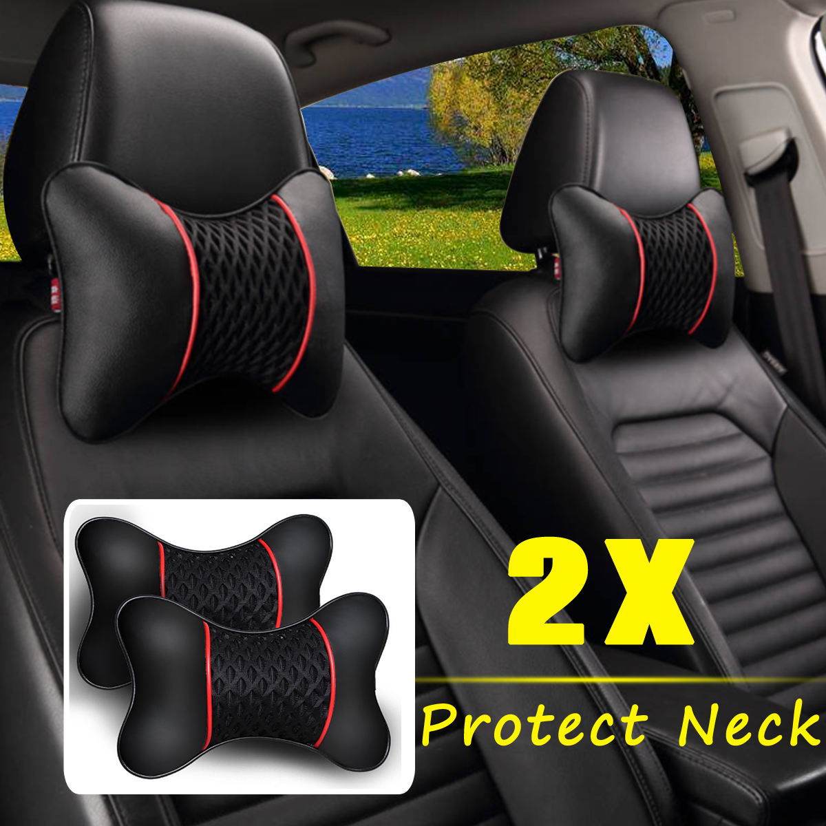 2 個 Pu レザーニット車の枕ヘッドレストネックレストクッションサポートシートアクセサリー自動黒安全枕ユニバーサル装飾
