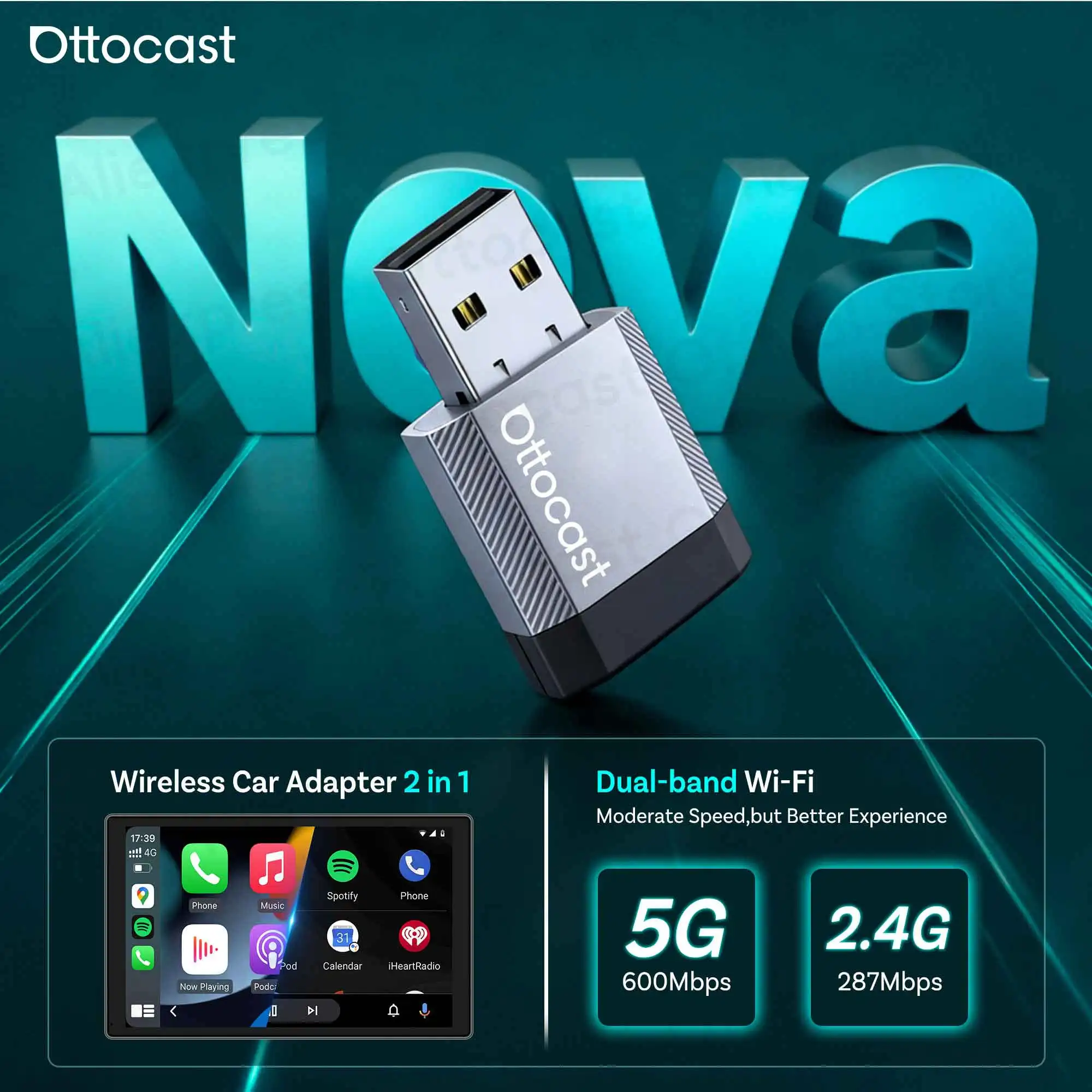 Ottocast ミニノヴァワイヤレスアダプター CarPlay Android 自動 Bluetooth WiFi USB ドングルキューブ 3.0 日産フォードルノーマツダ VW ベン