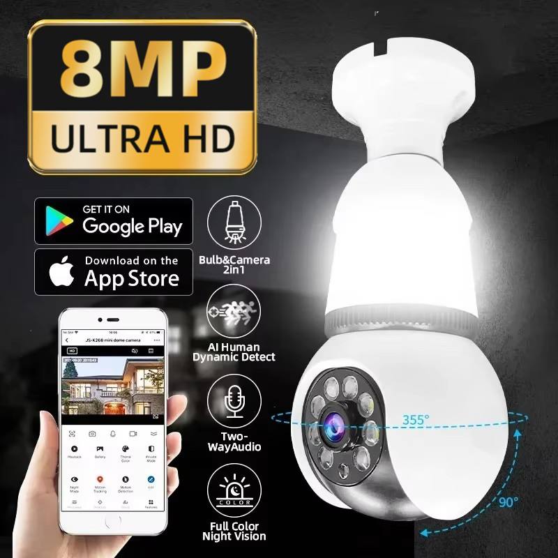 8MP E27 電球 WiFi カメラ 2 In1 LED 電球スマート IP カメラ監視 PTZ 8X ズームトラッキング双方向オーディオナイトビジョンワイヤレスカム