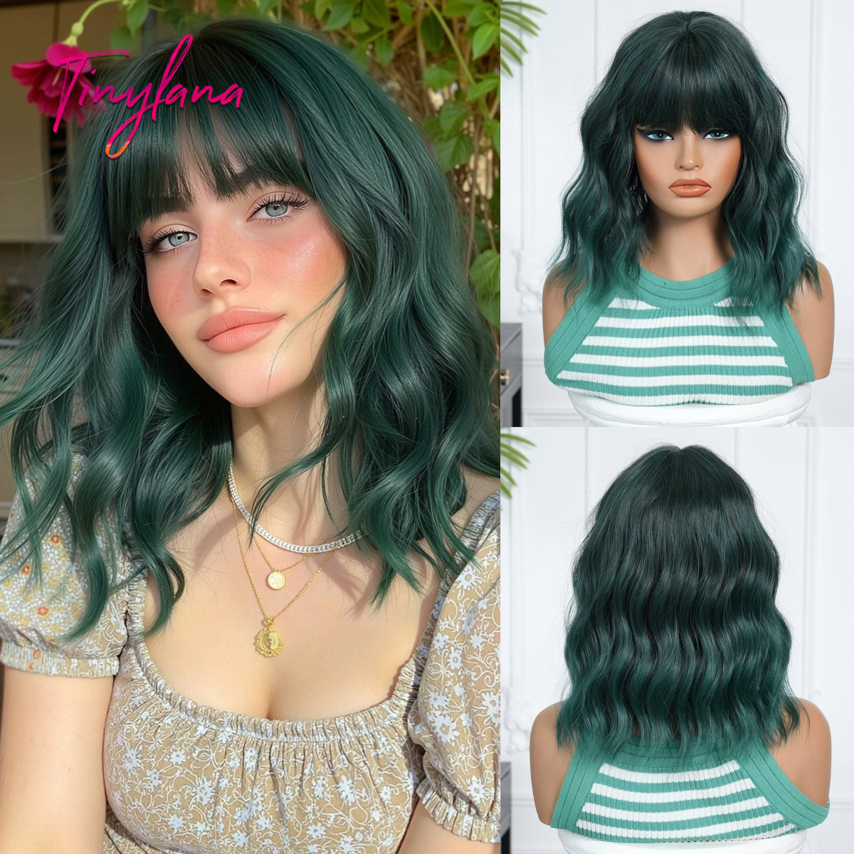 ショートグリーンカーリー波状合成かつら前髪付き女性用グリーンカラフルなナチュラルヘアハロウィンコスプレウィッグ使用耐熱