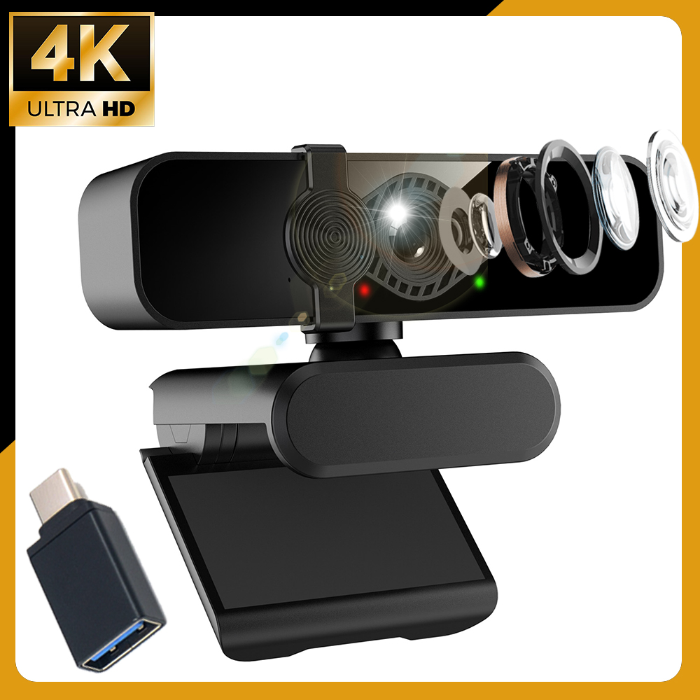 プライバシーカバーとType-Cアダプター付き4K USBウェブカメラ（オンライン会議ビデオ会議ストリーミング用）