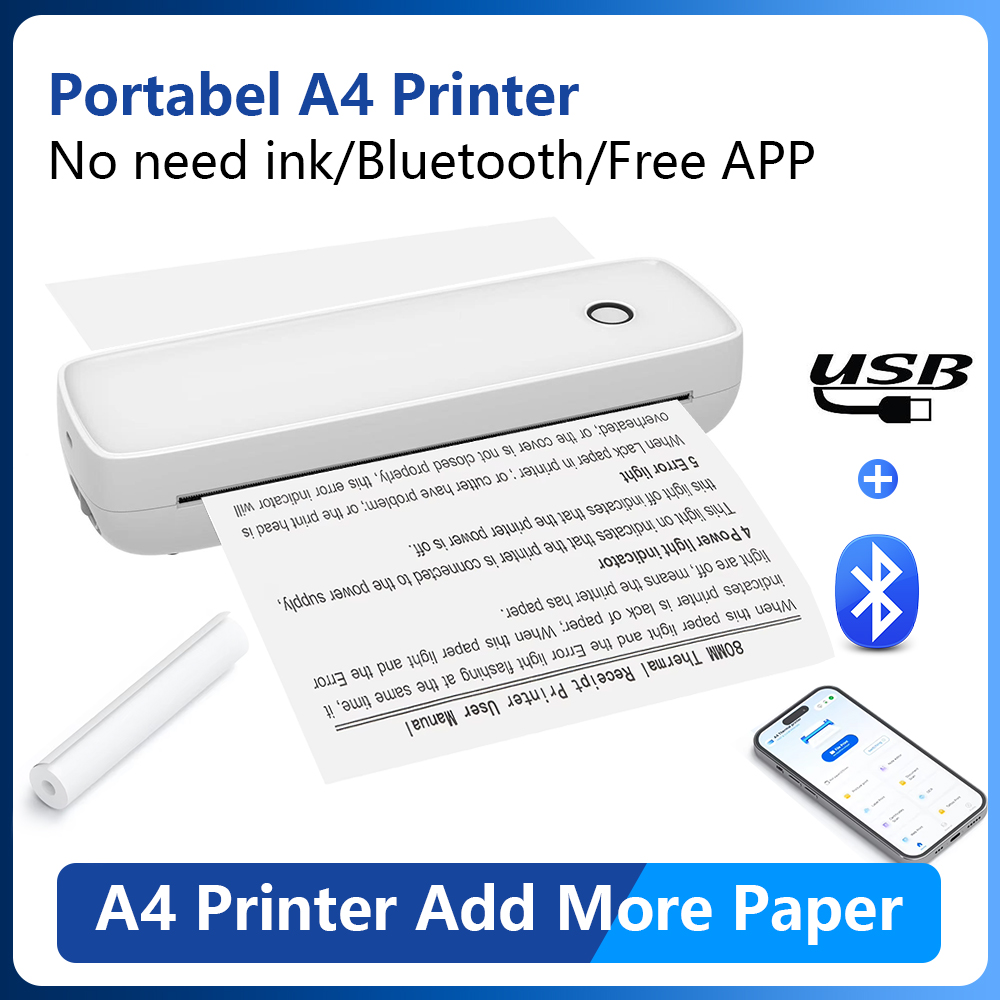 A4 ワイヤレス Bluetooth USB ポータブル プリンター Android iOS 電話と互換性あり 8.5 × 11 インチの感熱紙をサポート